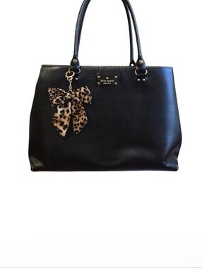 kate spade Large Black Leather Tote with Leopard-Print Bow Charm
